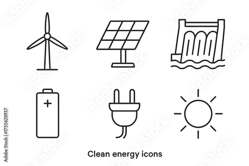Clean energy icons: wind turbine, solar panel, hydroelectric, battery, plug, sun