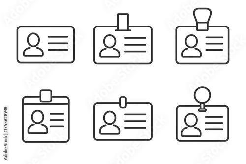 Set of six minimalist id badge icons with clips and attachments