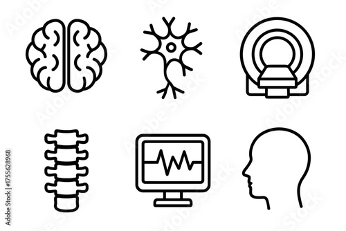 Brain and neuroscience symbols: brain, neuron, mri, spine, eeg, head silhouette