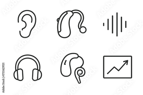 Hearing aid technology and sound wave icons set with headphones and sound graph