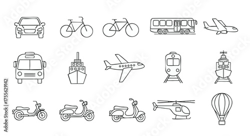 Collection of Transportation Icons in Line Art Style, Showcasing Various Modes of Transport