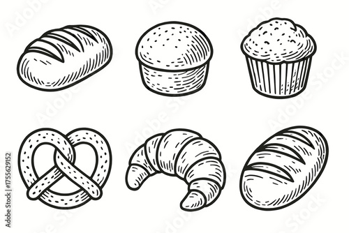 Assorted hand-drawn baked goods: bread, bun, muffin, pretzel, croissant, loaf