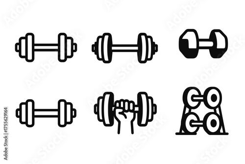 Set of dumbbell icons: various styles and designs for fitness and gym