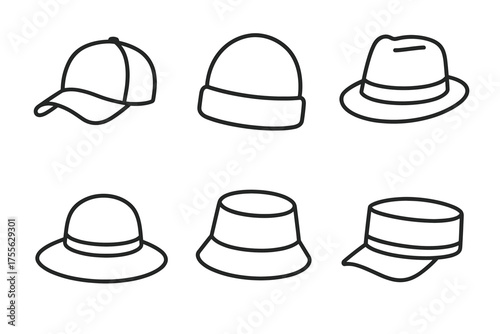 Six hat styles outline: baseball cap, beanie, fedora, sun hat, bucket hat, golf cap
