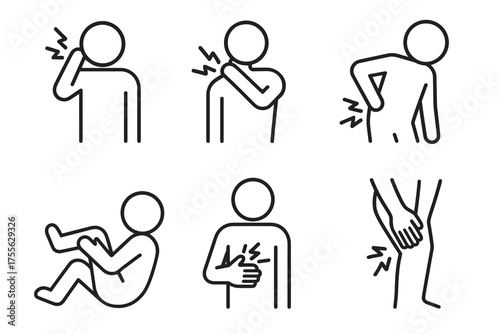 Outline illustrations of people with body pain and discomfort in various areas