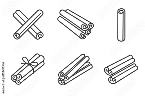 Set of cinnamon stick icons in various arrangements and designs