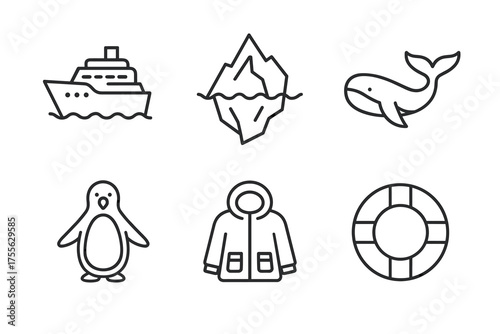 Cruise ship icon set: whale, iceberg, penguin, jacket, lifebuoy illustrations