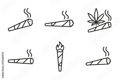Collection of cannabis joint icons with leaf and flame variations
