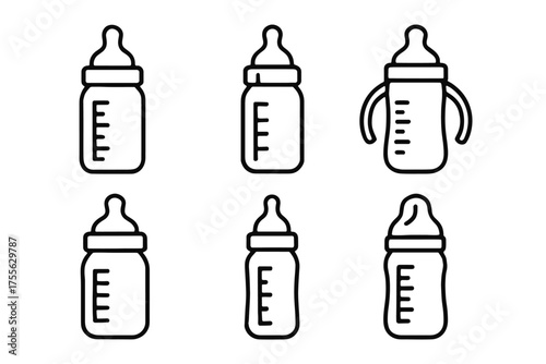 Variety of baby feeding bottle icons in outline style