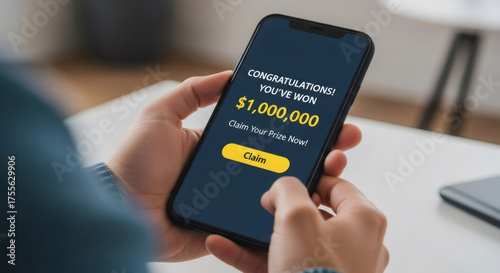 Woman holding smartphone with fake lottery win message. Online scam and fraudulent notification. Digital phishing attempt via mobile phone.