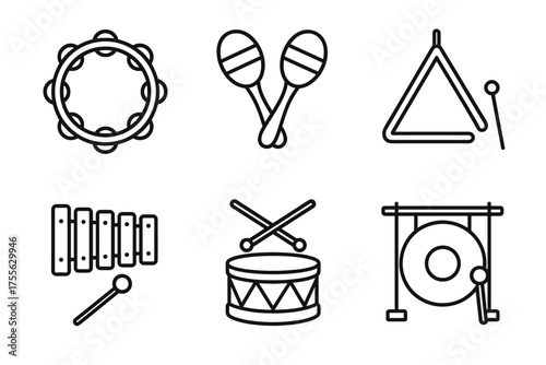 Outline illustrations of percussion instruments: tambourine, maracas, triangle, xylophone, drum, gong