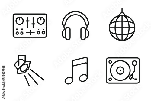 Music icons: dj controller, headphones, disco ball, spotlight, musical note, turntable