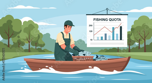 Fisherman checks fishing quota in boat, ecological balance and fishing resource management