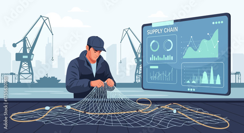 Fisherman Repairs Net Amidst Port Cranes, Supply Chain Tech Visualization