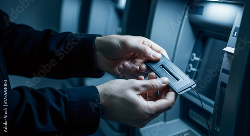 Man attaching data skimmer to ATM. Card fraud, identity theft, and personal information scam. Digital security risk concept.