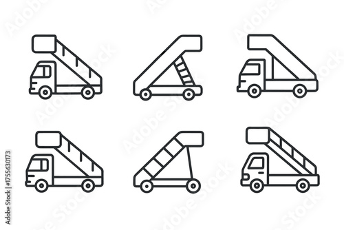 Set of six line art airport stair vehicle icons