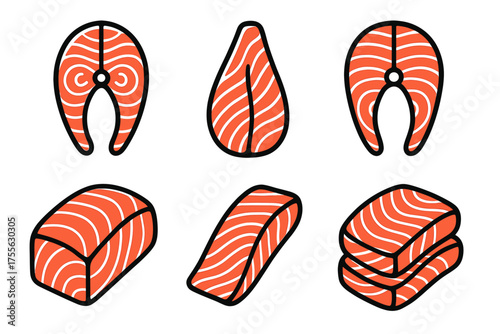 Assorted raw salmon fillet cuts set on white background