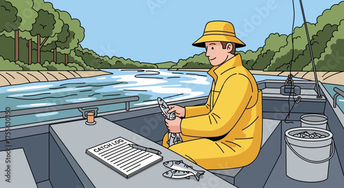 Fisherman logging his daily catch in his boat on a tranquil river scene