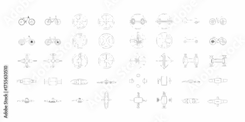 Collection of stylized line art icons representing various modes of transportation and mechanical components