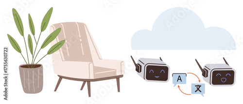 Two smiling AI chatbots performing language translations with arrows in cloud background near a chair and potted plant. Ideal for technology communication, language learning, AI innovation