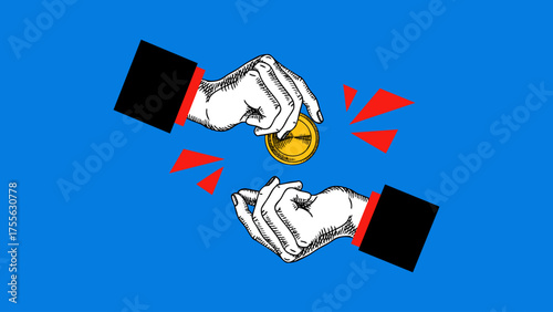Art collage of sketch hands pass coin. Finance, banking, investment, money transfer, payment, donation, charity, tip, money concept. Hand drawn vector illustration.