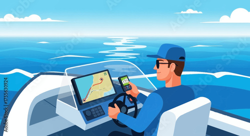 Navigator using GPS devices for sailing route on a boat in sunny weather
