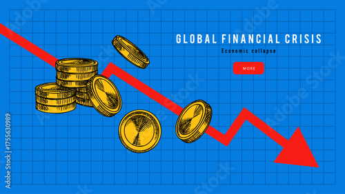 Collage of red arrow across grid with coins. Global finance crisis, economic collapse, banking, investment, insurance, business school, media, risk management concept. Vector illustration.