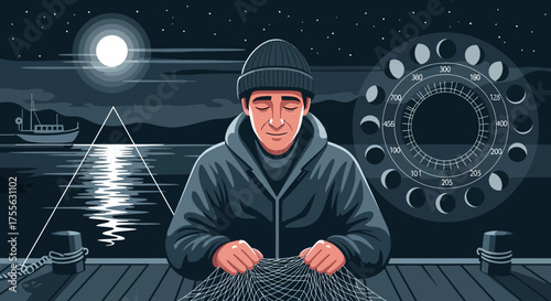 Contemplative fisherman repairing his net under the moonlight near the ocean