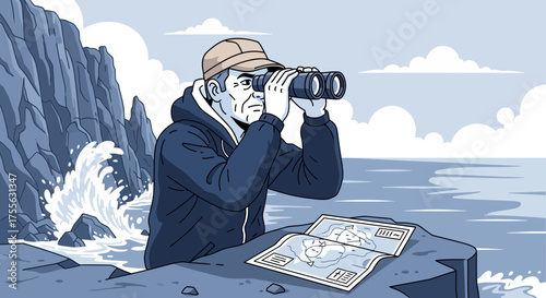 Cliffside Voyager: Man with Binoculars Navigating the Coastline Using a Map
