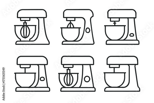 Set of six line art stand mixer icons in black and white