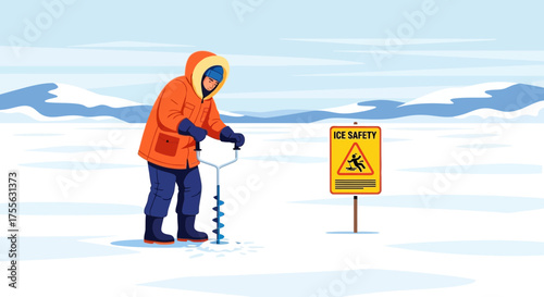 Winter hazard awareness: Ice fishing caution with safety guidance displayed
