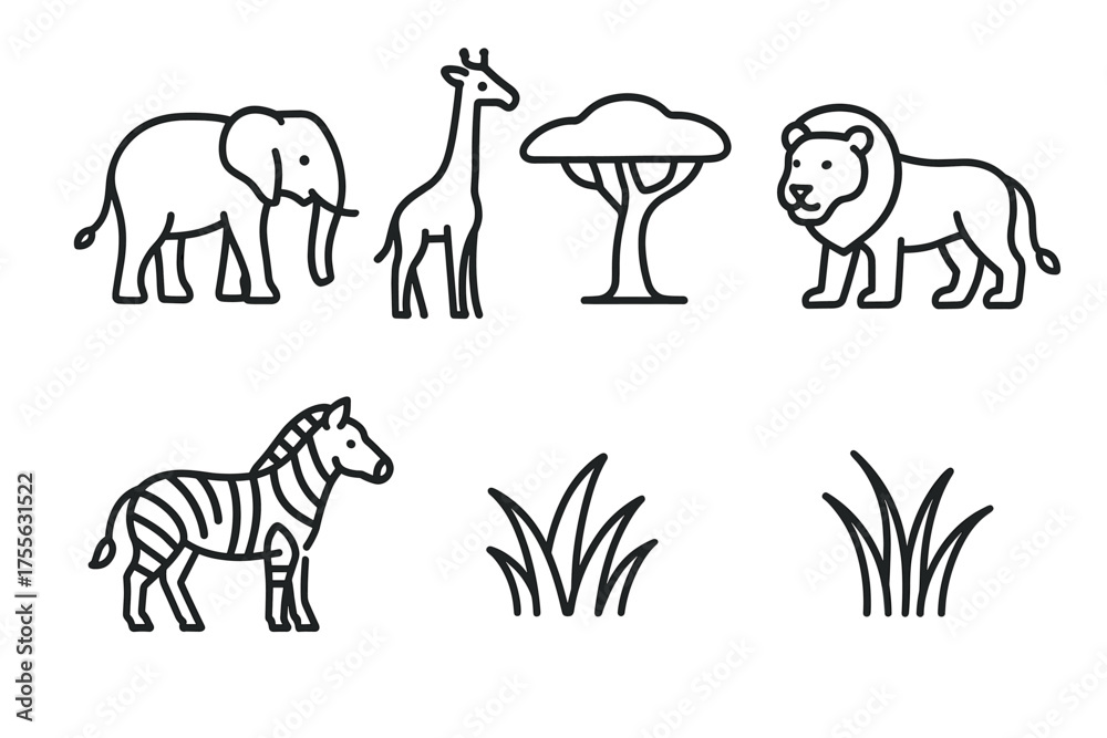 Obraz premium Outline drawings of savanna animals and plants: elephant, giraffe, lion, zebra, tree, grass