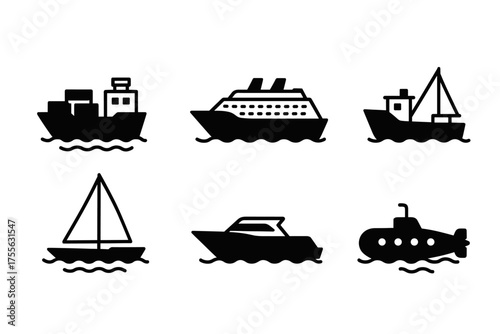 Icons of various ships and boats in silhouette design