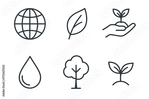 Eco-friendly symbols: globe, leaf, sapling, water drop, tree, seedling icons