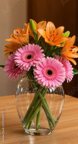 Wallpaper Mural Elegant bouquet of vibrant orange lilies and pink gerbera daisies arranged in a clear glass vase on a wooden table indoors Torontodigital.ca
