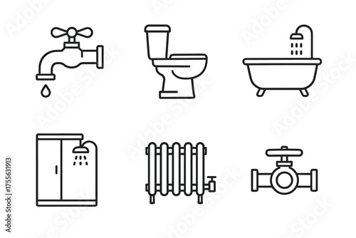 Outline icons of plumbing fixtures and bathroom elements for home design
