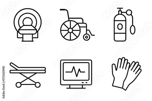 Medical equipment icons: mri, wheelchair, oxygen tank, stretcher, monitor, gloves