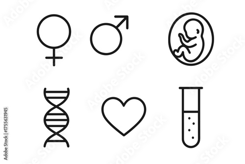 Gender symbols, fetus, dna, heart, and test tube icons in minimalist line art