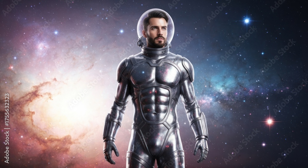 Fototapeta premium Man in silvery spacesuit against colorful nebula, stars, and galaxy background