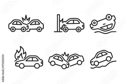 Car accident icons: set of car crash, collision, and damage illustrations