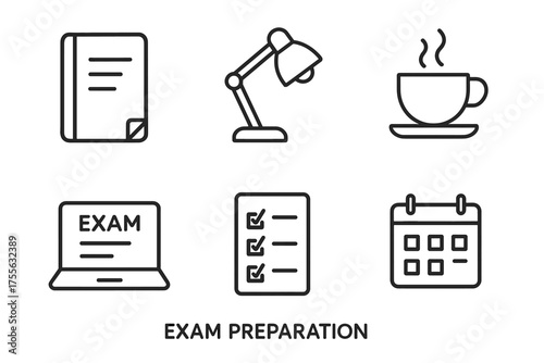 Exam preparation icons: book, lamp, coffee, laptop, checklist, calendar
