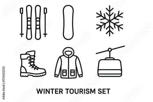 Winter tourism set: ski gear, snowboard, jacket, boots, snowflake, cable car icon collection