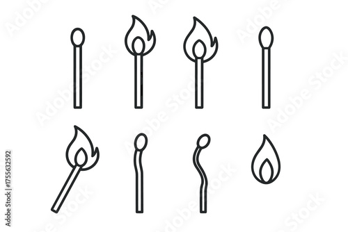 Set of fire and burnt matches in simple line art style