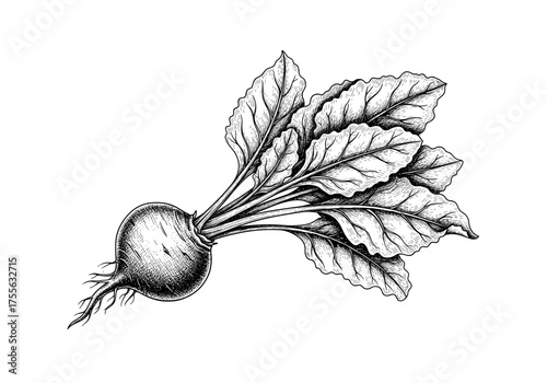 Beetroot with Leaves Vintage Botanical Ink Illustration