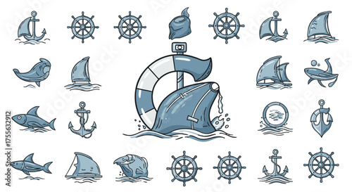 Nautical Icons A Collection of Hand-Drawn Illustrations Featuring Ships, Anchors, and Marine Elements