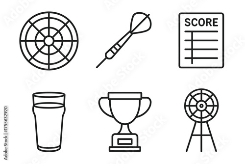 Darts icon set: dartboard, dart, scoreboard, pint glass, trophy, ferris wheel