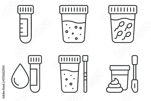 Medical test icons: blood, urine, sperm, and stool samples in simple line art