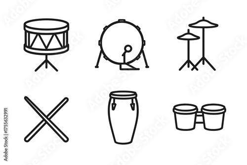 Outline icons of percussion instruments: snare, bass, cymbals, bongos, drumsticks