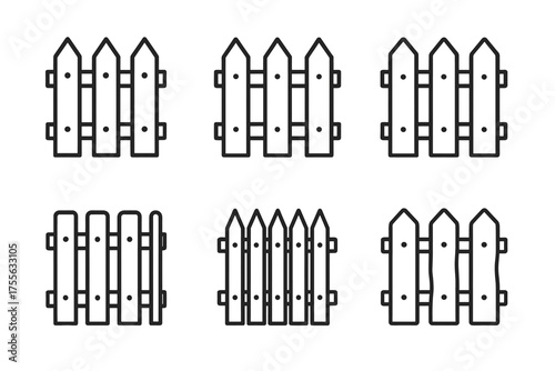 Set of simple wooden fence line icons in various styles