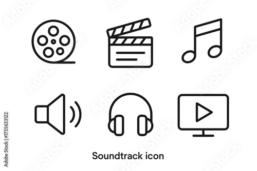 Soundtrack icon set: film reel, clapperboard, music note, speaker, headphones, play button